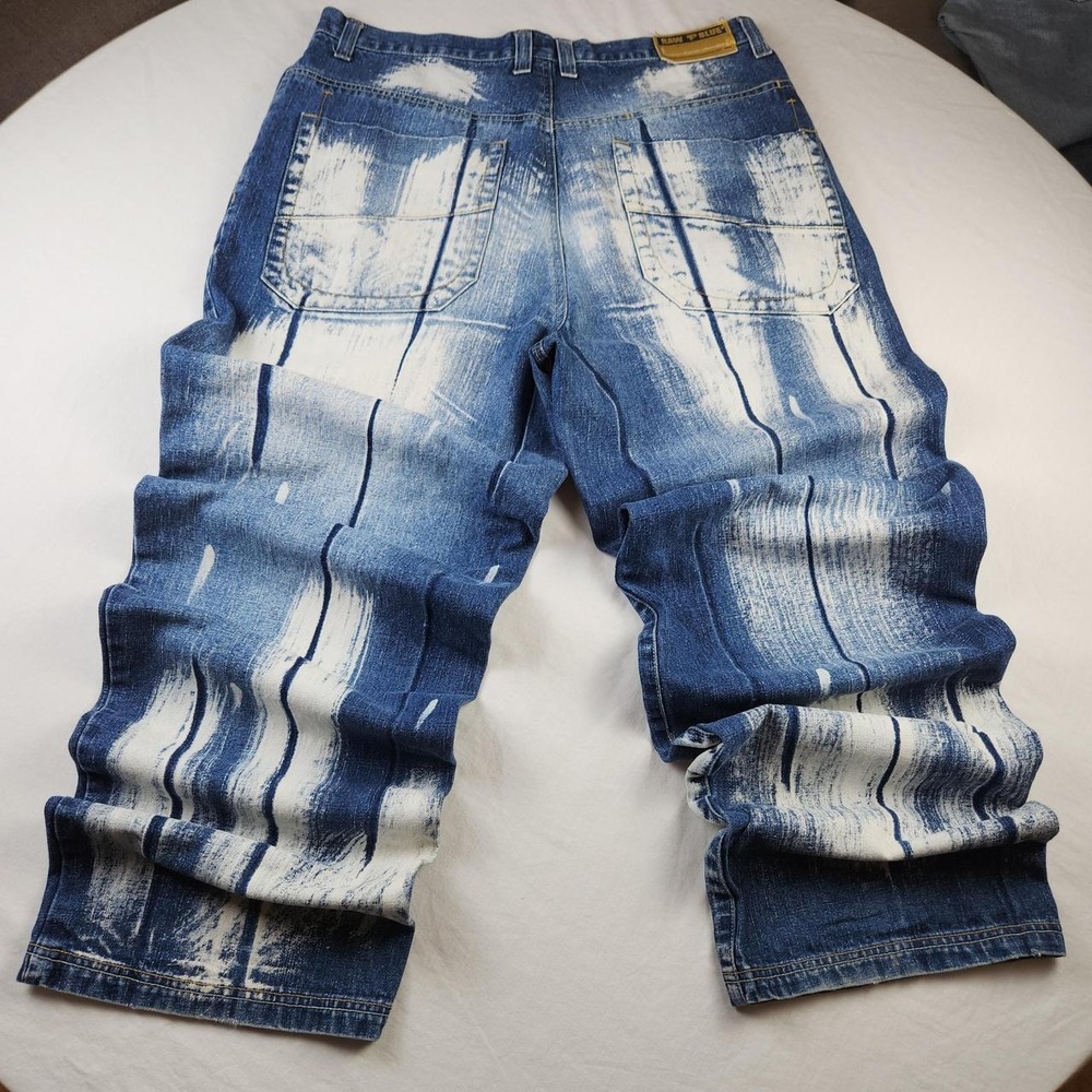 Raw Blue Mens Baggy Skater Jeans 36x34 Painted Bleach Stripe Vintage Y2K Hip Hop
